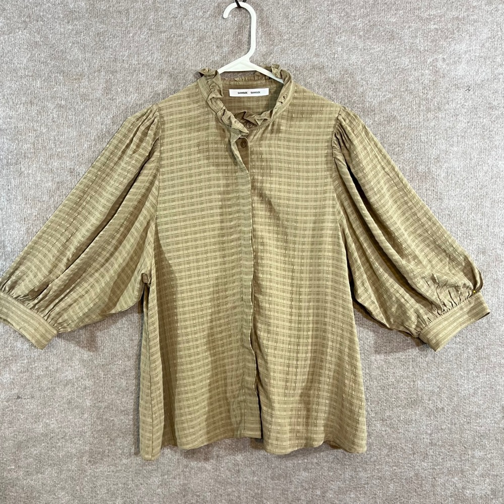 Samsoe Samsoe Mejsi Shirt Women Size S Tan Plaid Ruffle Puff Sleeve Scandi Boho